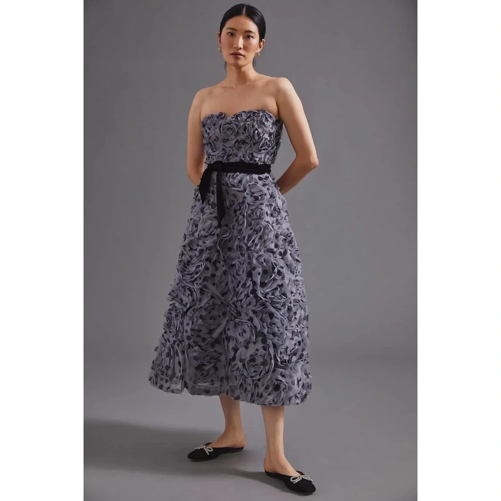 Anthropologie Appliqued Tulle Strapless Midi Dress - Picture 2 of 4